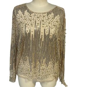 Gold Sequin Beaded Mesh Long Sleeve Glitter Top Blouse Sz XXL
